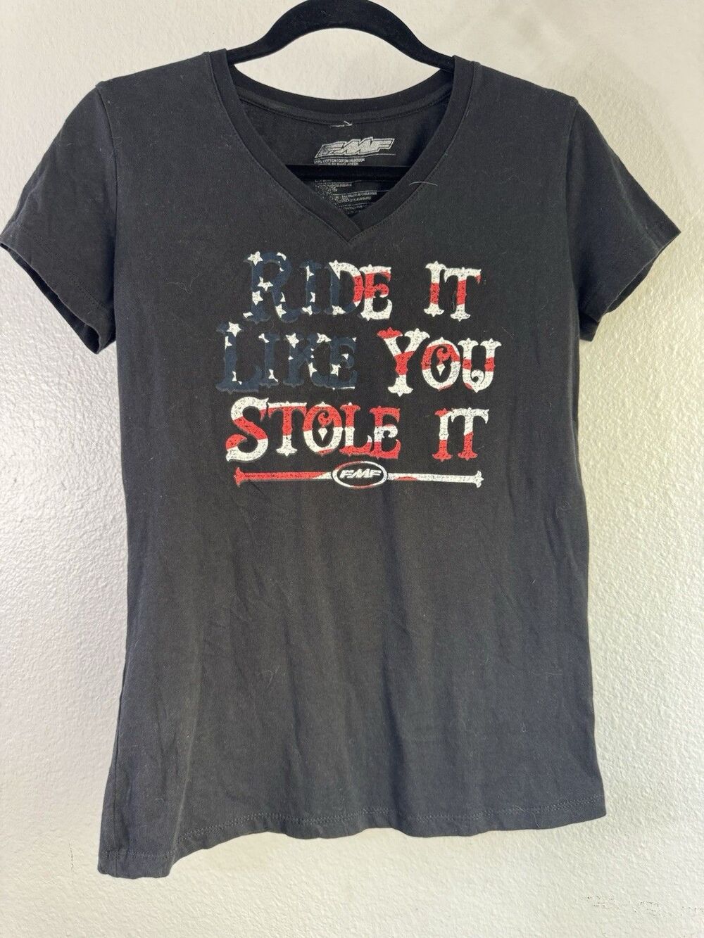 FMF Racing Women's "Stole It V-neck" T-shirt Flying Machine Factory Logo Tee